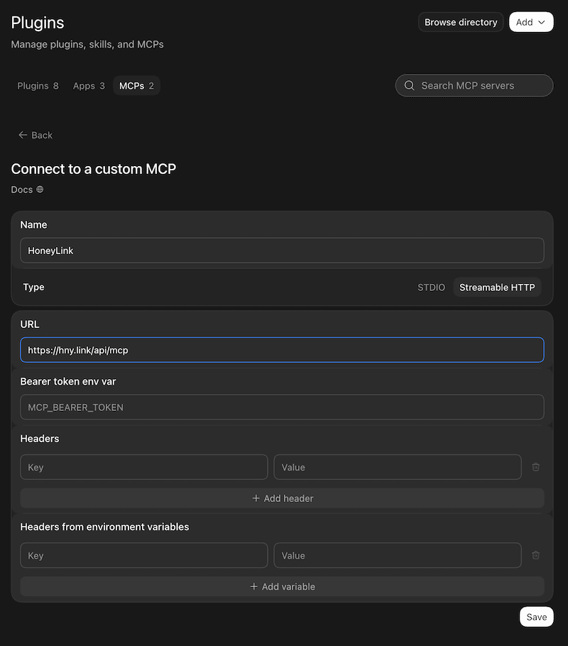 หน้าฟอร์ม Connect to a custom MCP ของ ChatGPT ที่กรอก URL ของ HoneyLink server แล้ว