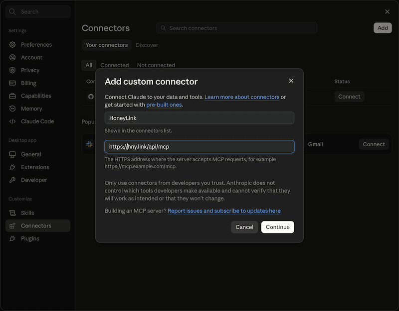 หน้าฟอร์ม Add custom connector ของ Claude Desktop ที่กรอก URL ของ HoneyLink server แล้ว