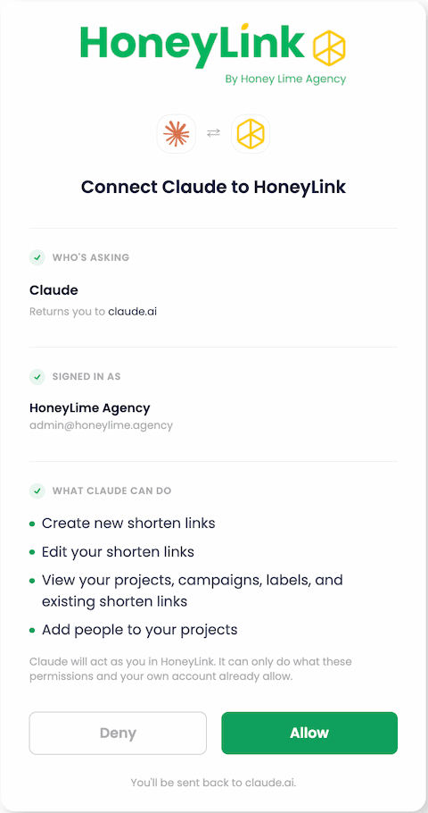 หน้าจอยินยอมของ HoneyLink ที่แสดงใน Claude พร้อมรายการสิทธิ์ที่ขอ
